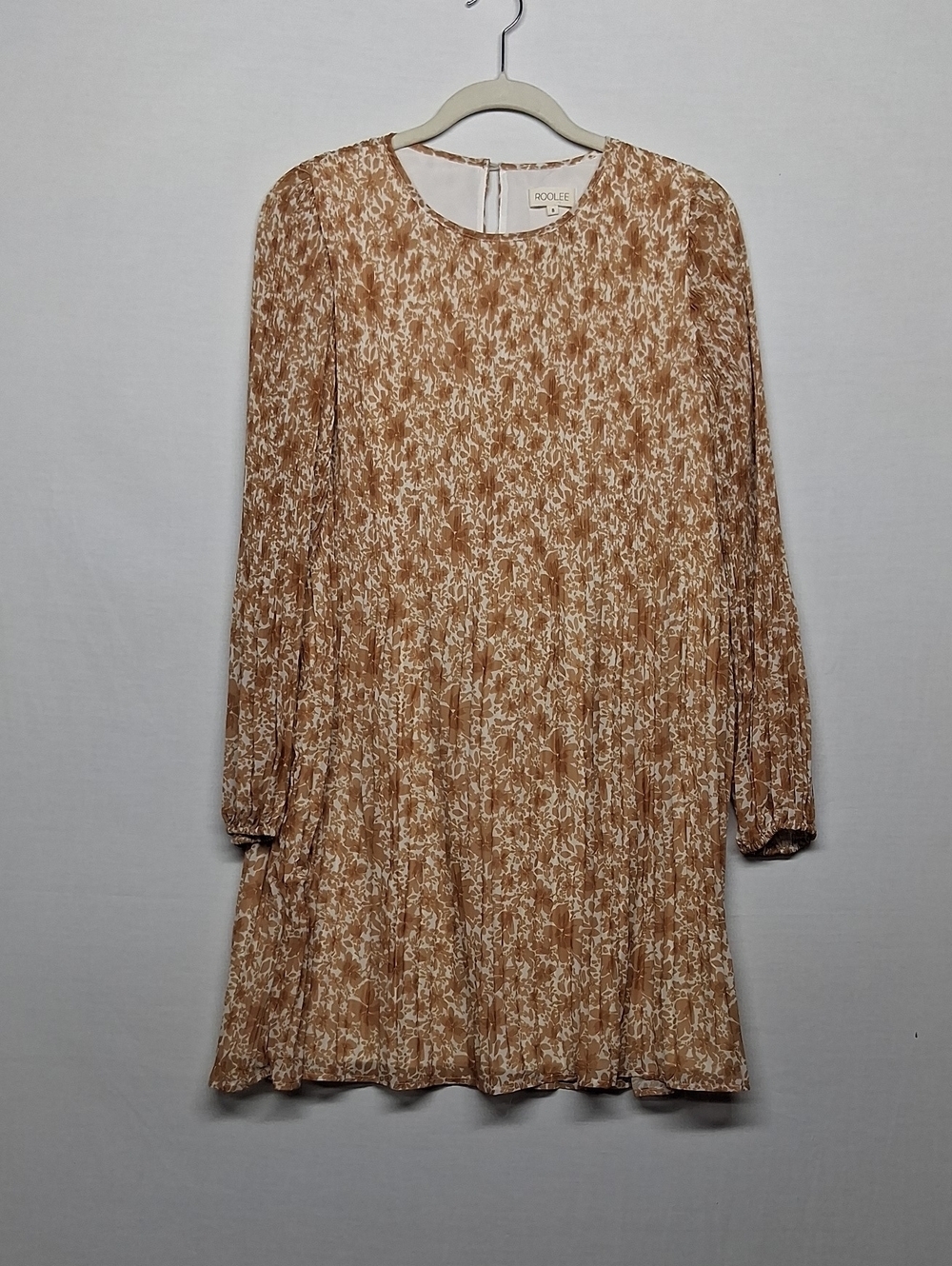 Roolee Tan and Cream Floral Long-Sleeve Pleated Mini Dress